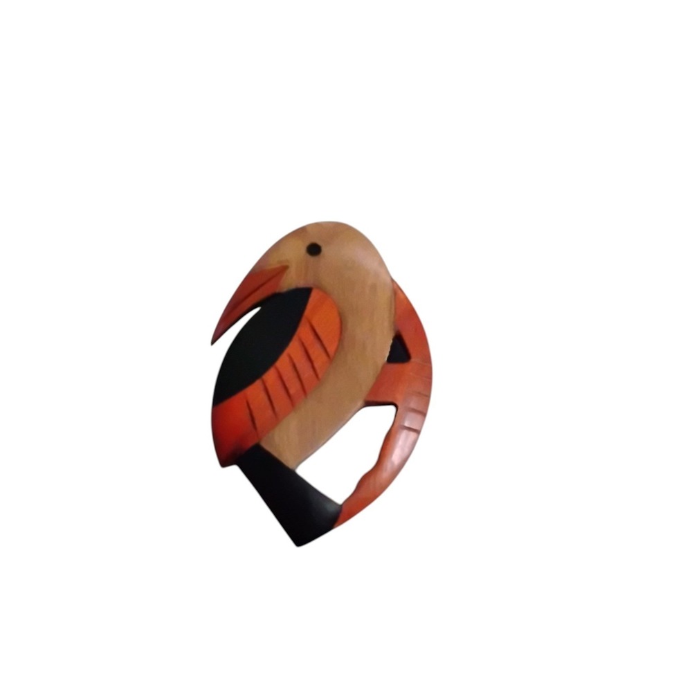 Vintage Handcrafted Wooden Toucan Bird Brooch Inlay Tropical Artisan Pin